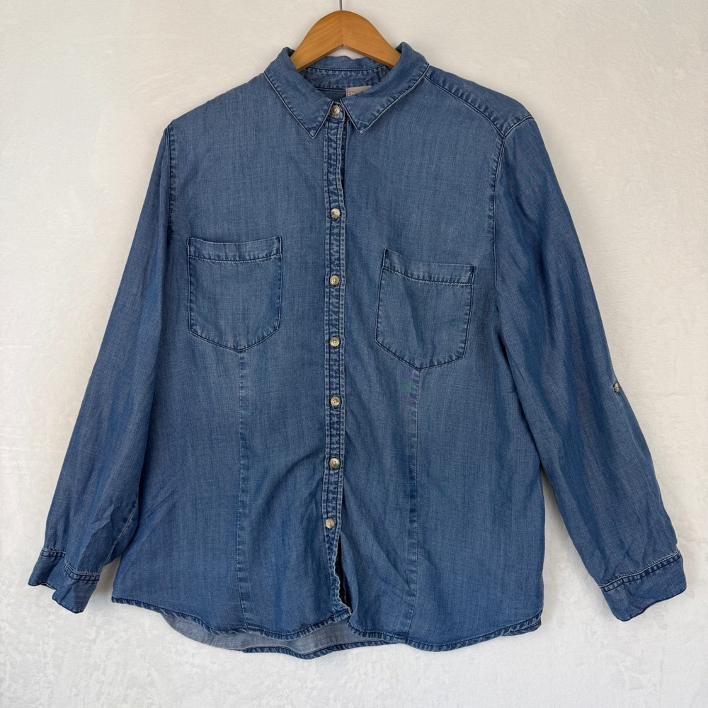 Chico's Blue Tencel Lyocell Denim Style Roll Tab Button Down‎ Shirt Size 3 16/18